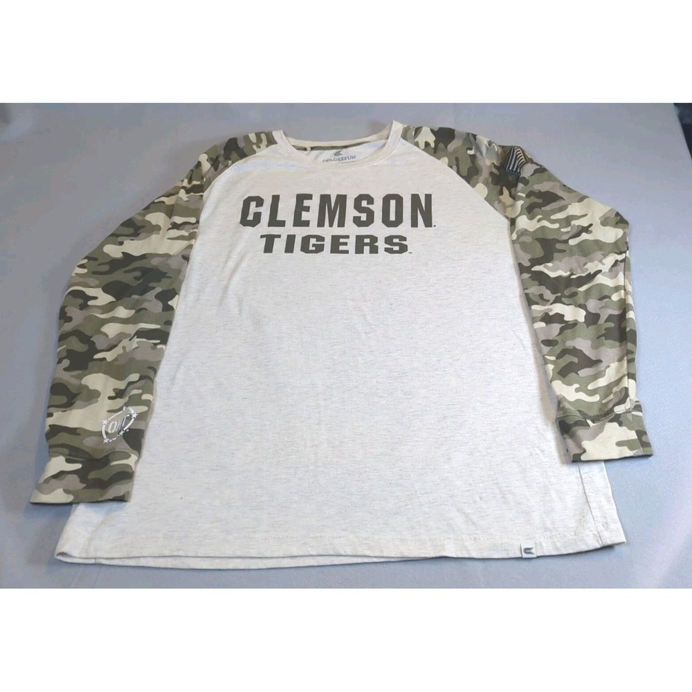 Clemson Tigers NCAA Mens 2XL USA Camo Long Sleeve Pullover Shirt Cream Colosseum